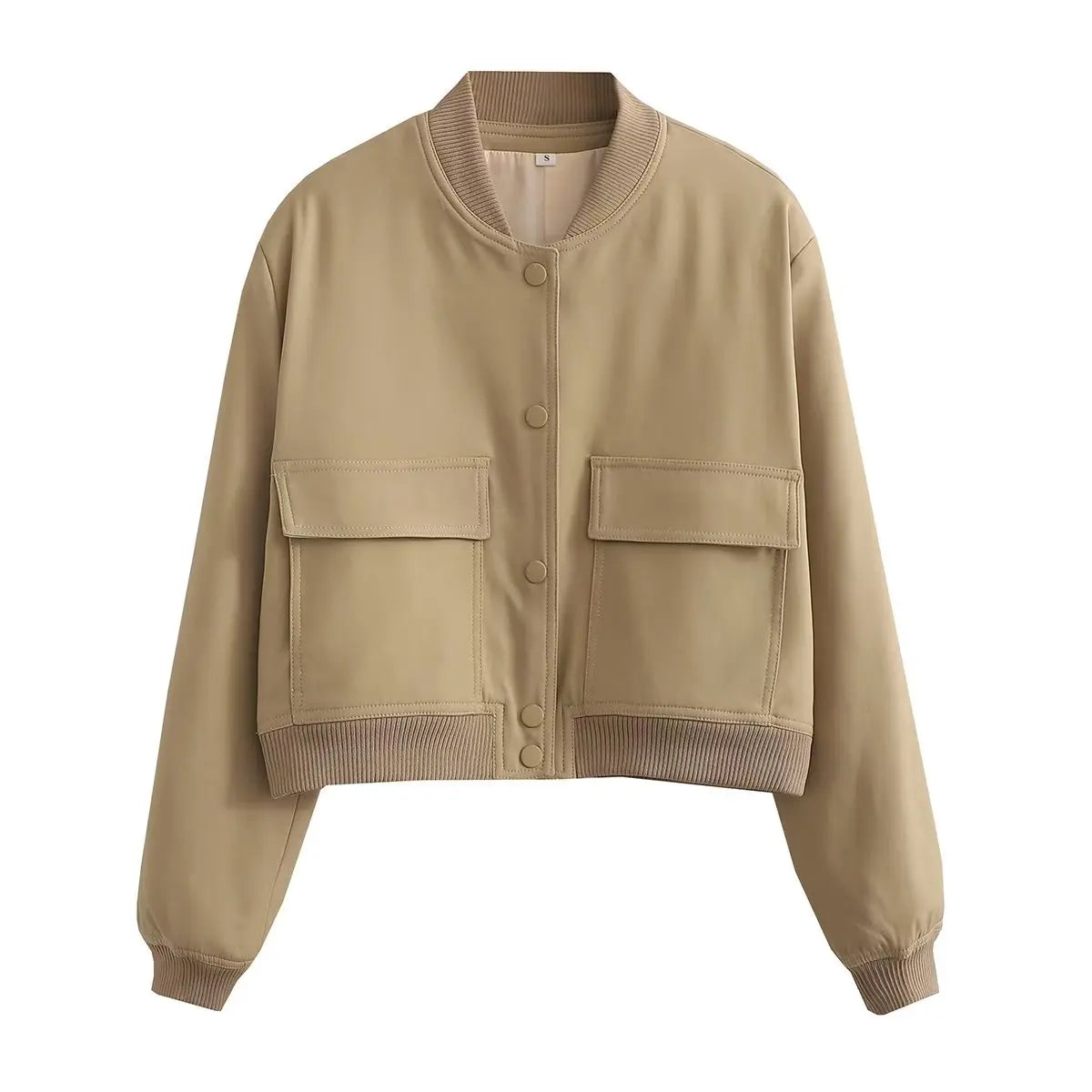 Women Solid Bomber Jacket Khaki