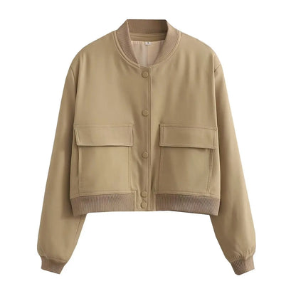 Women Solid Bomber Jacket Khaki