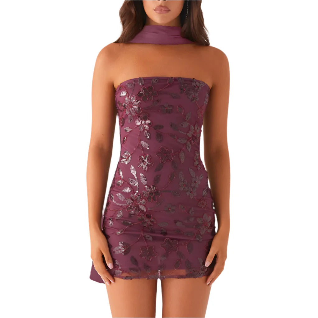 Women Summer Sequin Mini Bandeau Dress | Sleeveless | Off Shoulder | Flower Embroidery Tube Top Dress with Scarf burgundy