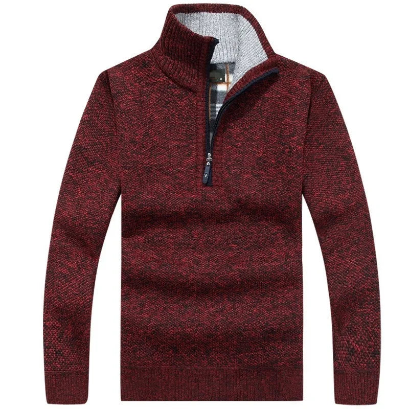 Men Fleece Thick Sweater | Half Zipper Turtleneck Warm Pullover | Slim Knitted Wool Sweater Burgundy