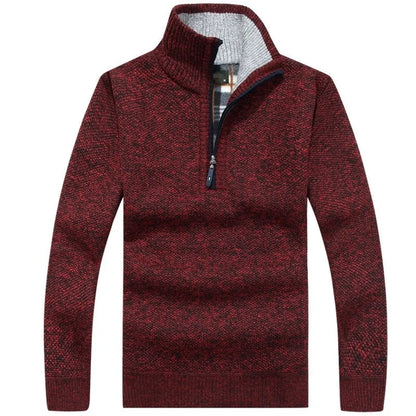 Men Fleece Thick Sweater | Half Zipper Turtleneck Warm Pullover | Slim Knitted Wool Sweater Burgundy