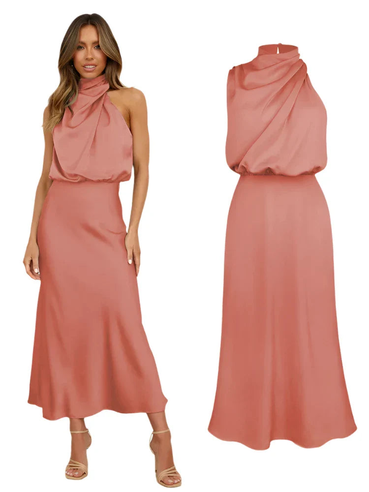 Women Satin Long Dress | Silk Sleeveless Evening Dress | Party Dress Rouge
