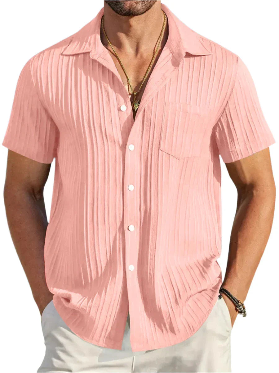 Men Short-Sleeved Cotton Summer Shirt | Casual Beach Button Down Shirt | Solid Color pink