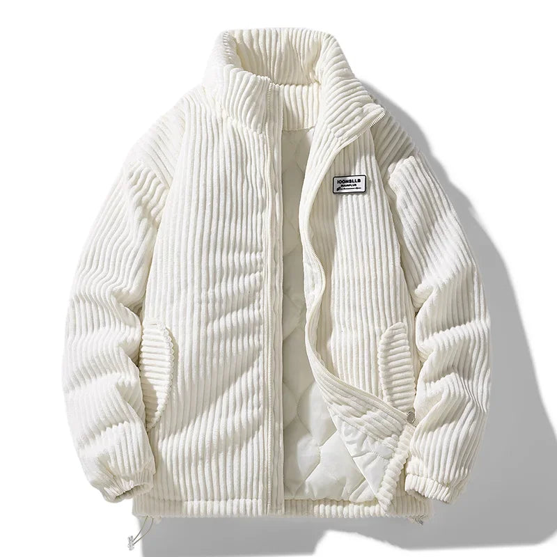Men Corduroy Puffer Jacket | Windbreaker Jacket | Padded Stand Collar Coat Beige