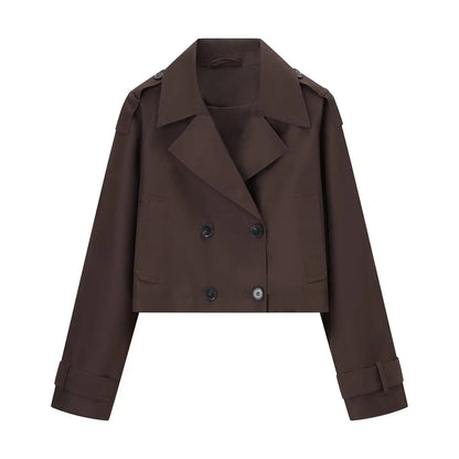 Women Cropped Trench Coat | Long Sleeve | Casual Classic Chocolate Brown