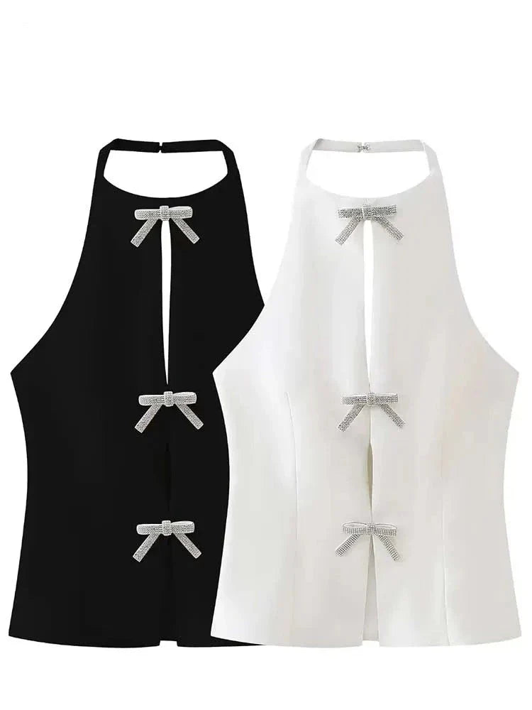Women Vest Top with Rhinestone Bows | Women Sleeveless Sling Top