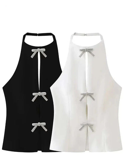 Women Vest Top with Rhinestone Bows | Women Sleeveless Sling Top
