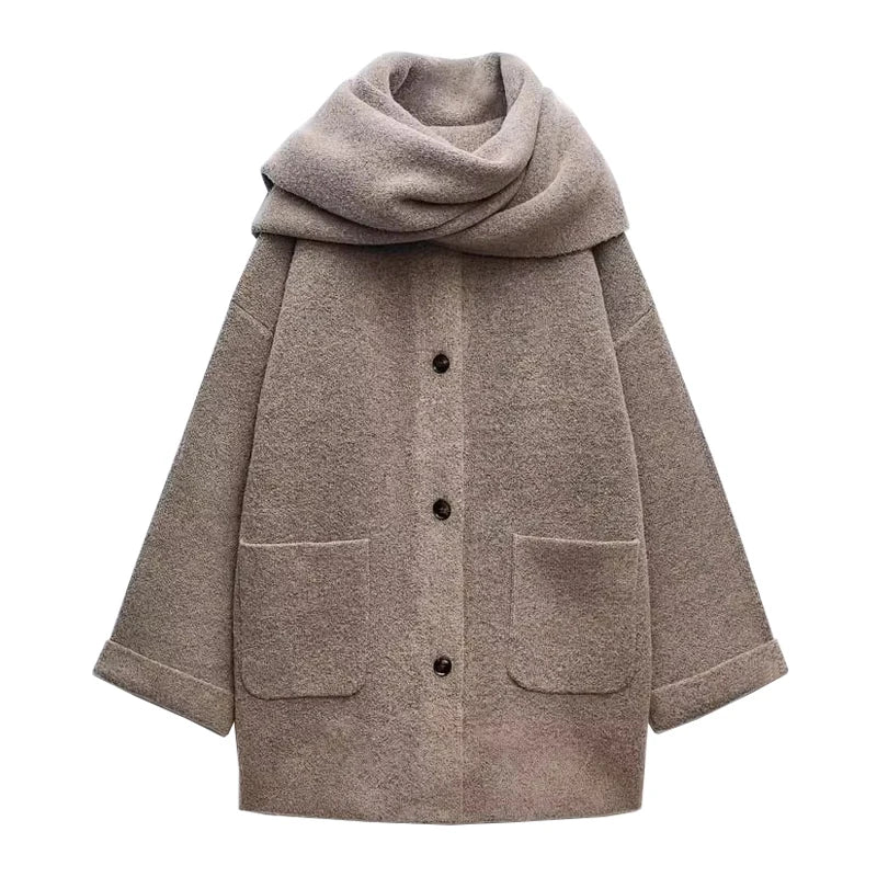 Women Winter Loose Knitted Coat with Scarf | Straight Cut | Long Sleeves | Warm Cardigan Brown