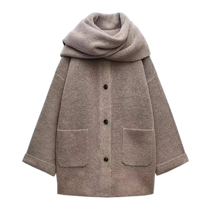Women Winter Loose Knitted Coat with Scarf | Straight Cut | Long Sleeves | Warm Cardigan Brown