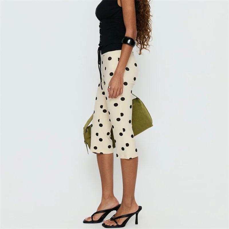 Women Vintage Polka Dot Capri Pants | High Waist | Slim Fit | Cropped Pants | Trousers | Y2K