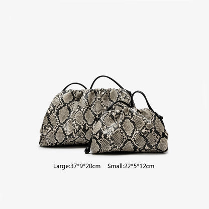 Women Leather Ruched Serpentine Dumpling Bag | Pouch Handbag | Cloud Clutch | Snake Pattern Shoulder Bag | Crossbody Bag