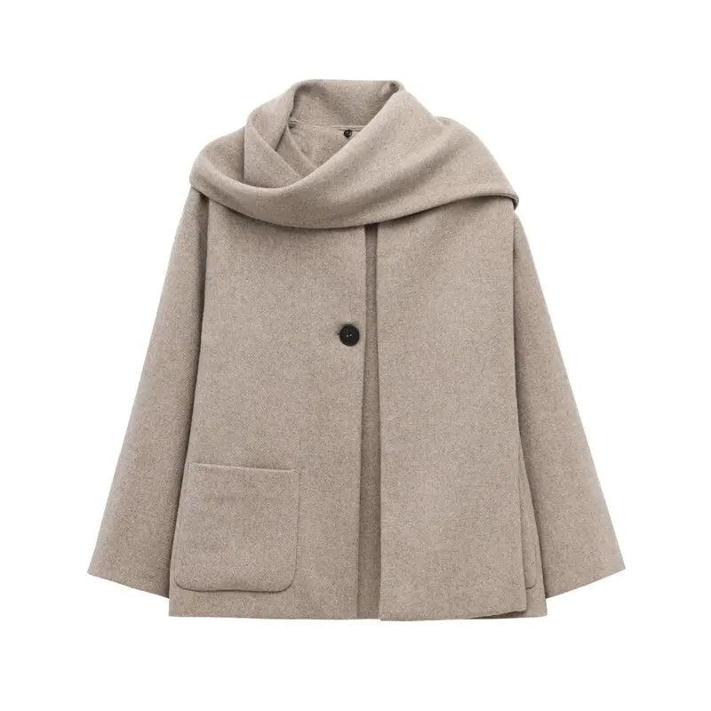 Women Winter Coat with Scarf | Long Sleeves | Round Neck Cream