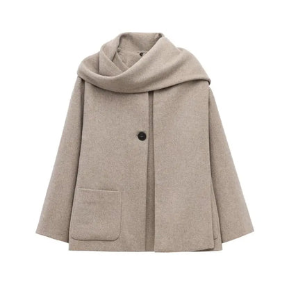 Women Winter Coat with Scarf | Long Sleeves | Round Neck Cream