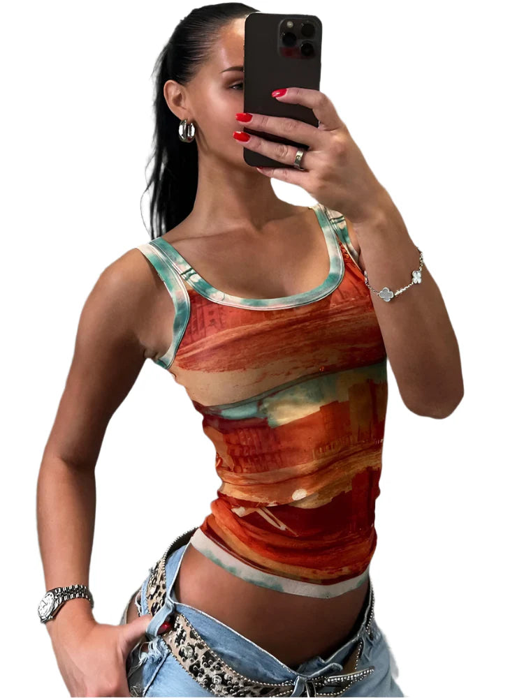 Women Summer Mesh Tank Top | Vintage Print | Crop Top | Tee