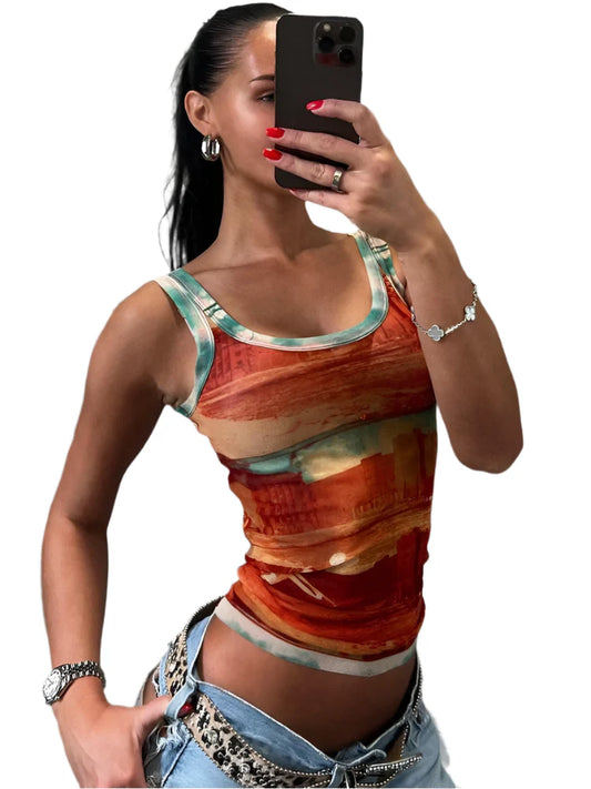 Women Summer Mesh Tank Top | Vintage Print | Crop Top | Tee