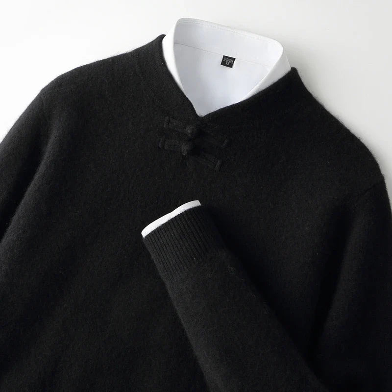 Men Pure Merino Wool Sweater | Long Sleeves | Stand-Up Collar | Pullover | Warm | Mock Neck Sweater Black