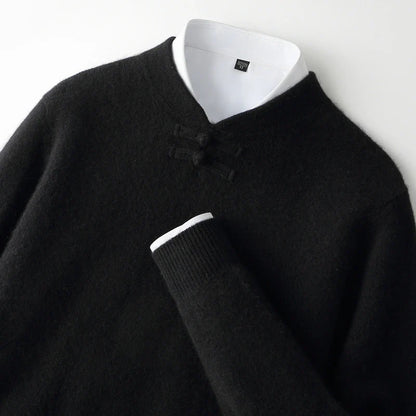 Men Pure Merino Wool Sweater | Long Sleeves | Stand-Up Collar | Pullover | Warm | Mock Neck Sweater Black