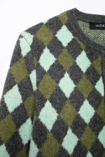 Women Vintage Argyle Sweater | Long Sleeve | Pockets | Knitted Cardigan