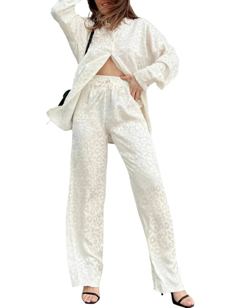 Women Satin Shirt and Wide Leg Trousers Suit | 2 Piece Leopard Print Set | Pajamas Set White