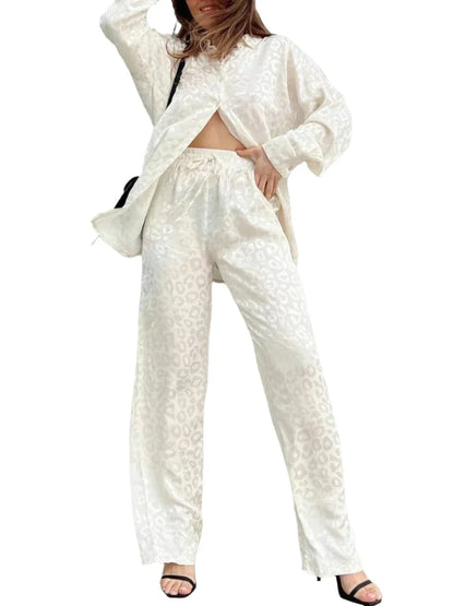 Women Satin Shirt and Wide Leg Trousers Suit | 2 Piece Leopard Print Set | Pajamas Set White
