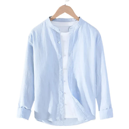 Men’s Mandarin Collared Linen Shirt | Long Sleeves Button Down Top | Plain Color Sky Blue