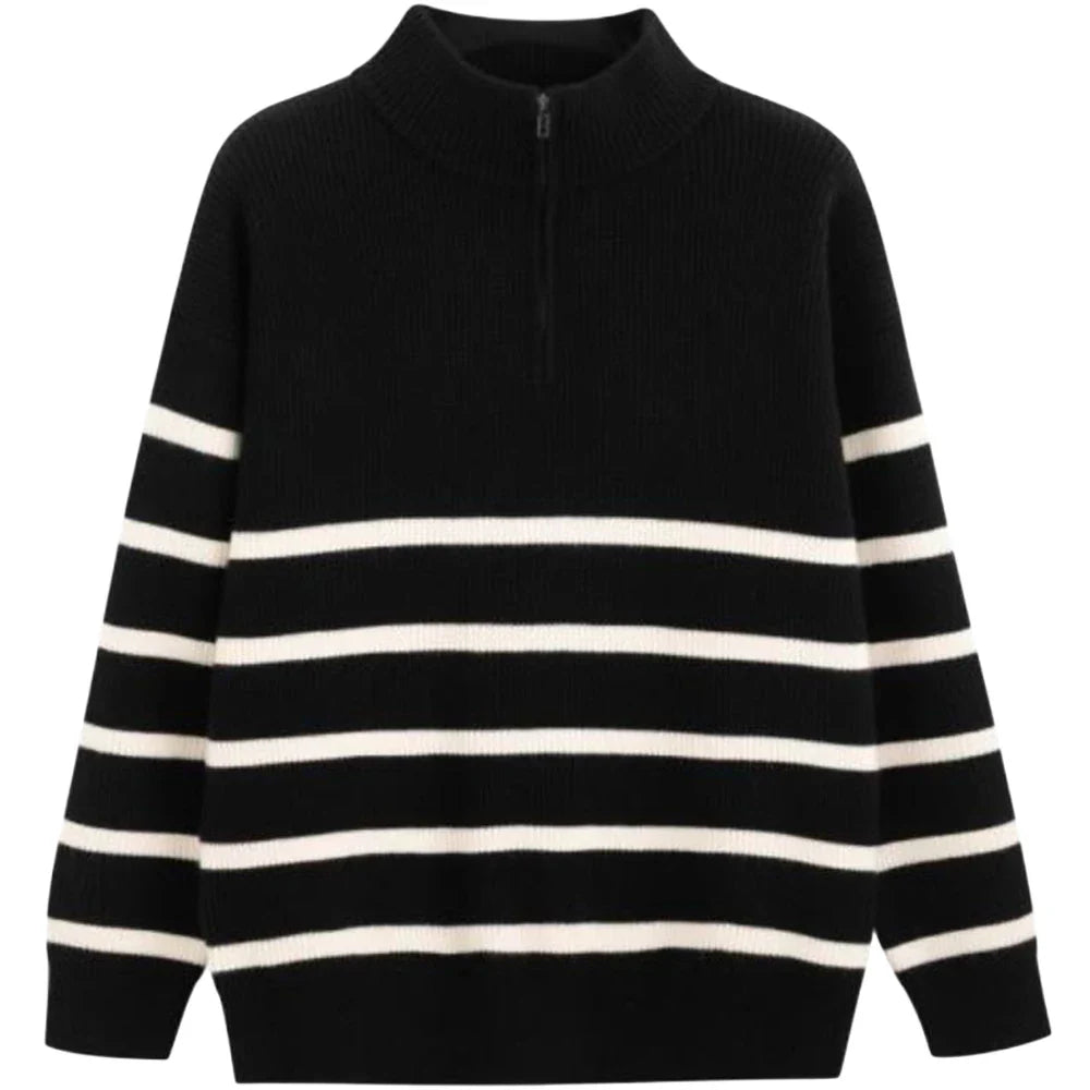 Men Black Half-Zip Sweater | Winter Striped Pullover | Warm Knit Sweater Top black