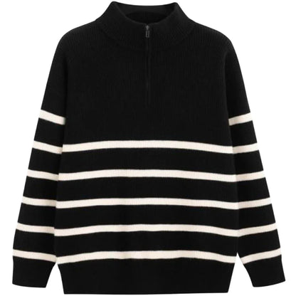 Men Black Half-Zip Sweater | Winter Striped Pullover | Warm Knit Sweater Top black