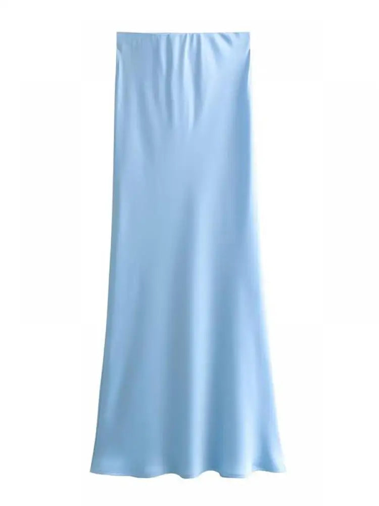 Women Solid Pleated Midi Satin Skirt | Mid Elastic Waist Vintage Skirt Sky Blue