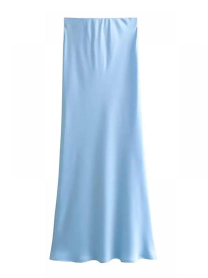 Women Solid Pleated Midi Satin Skirt | Mid Elastic Waist Vintage Skirt Sky Blue