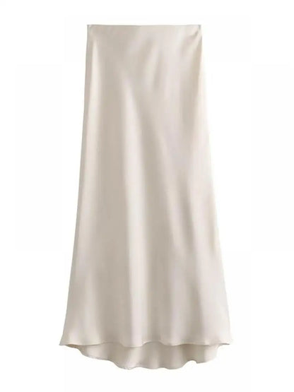 Women Solid Pleated Midi Satin Skirt | Mid Elastic Waist Vintage Skirt Beige
