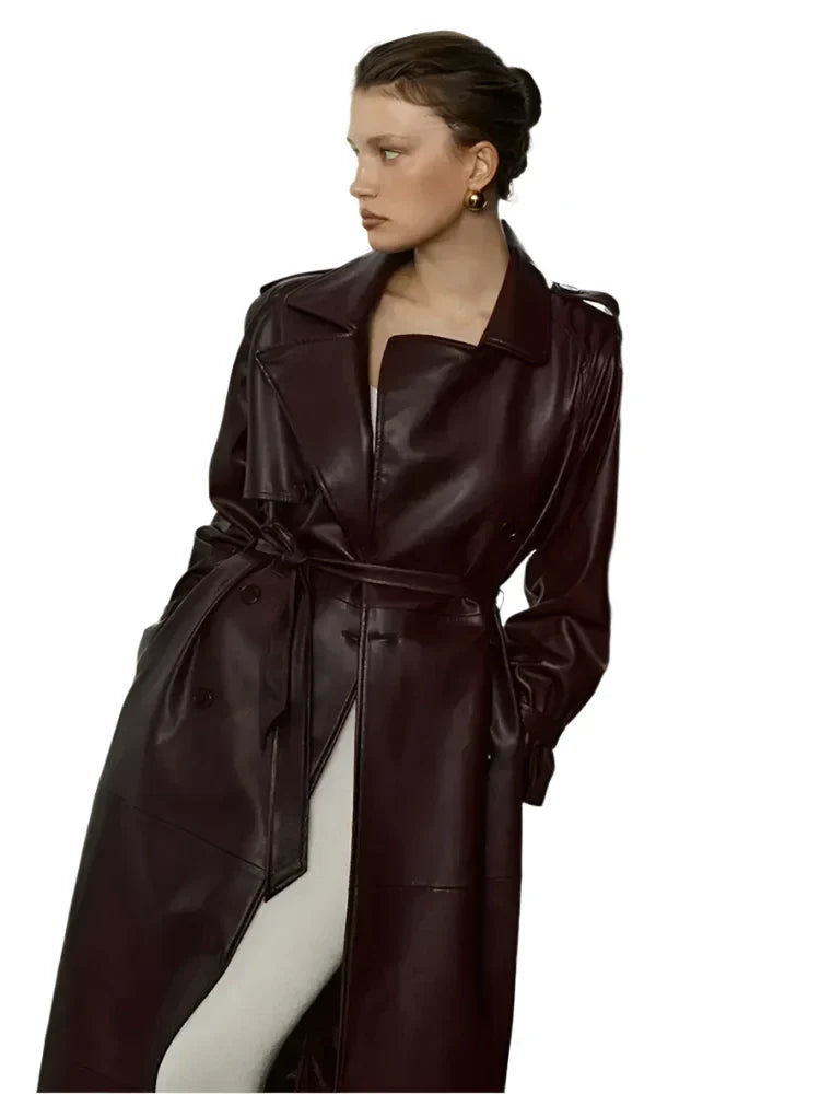 Women Burgundy Long Leather Jacket Maroon