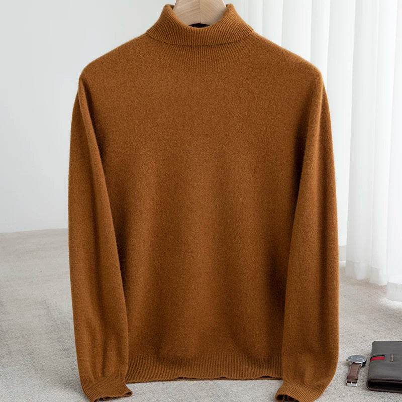 Men Merino Wool Turtleneck Knitted Pullover | Merino Wool Sweater | Cashmere Warm Knit Top Caramel Brown