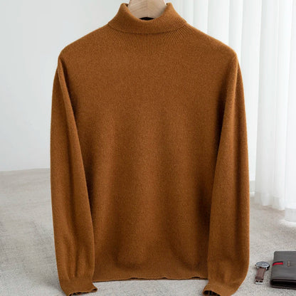Men Merino Wool Turtleneck Knitted Pullover | Merino Wool Sweater | Cashmere Warm Knit Top Caramel Brown