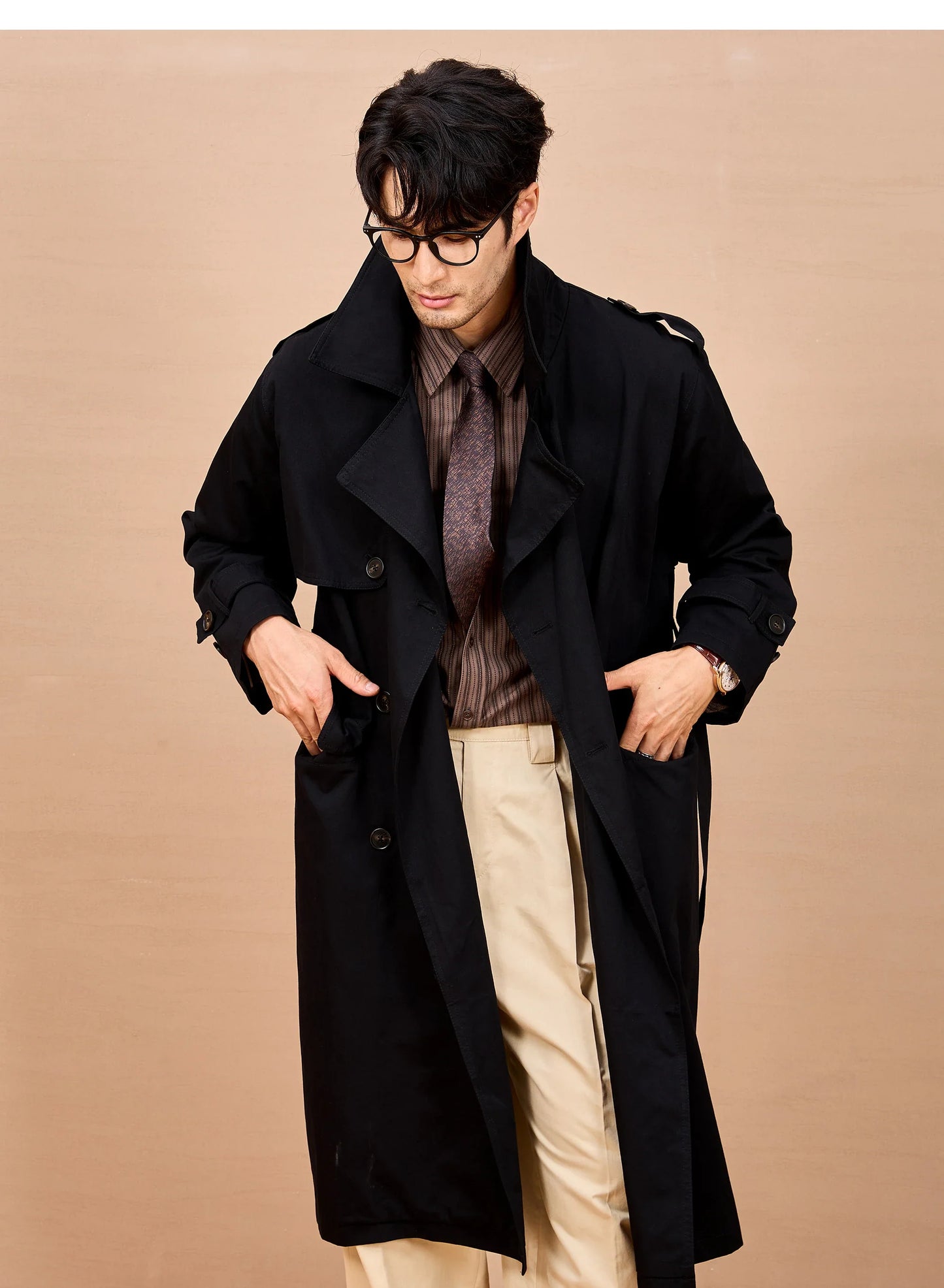Men Long Trench Coat | Double Breasted | British Style | Spring | Autumn