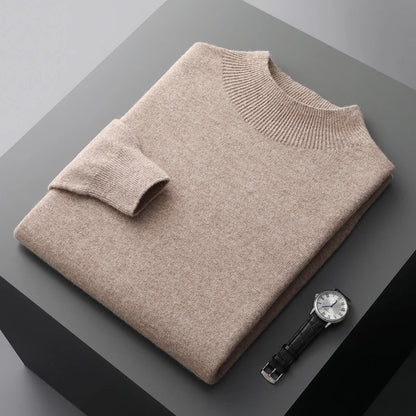 Men Mock Neck Cashmere Sweater | Pullover Semi-High Neck Pure Wool Sweater Camel
