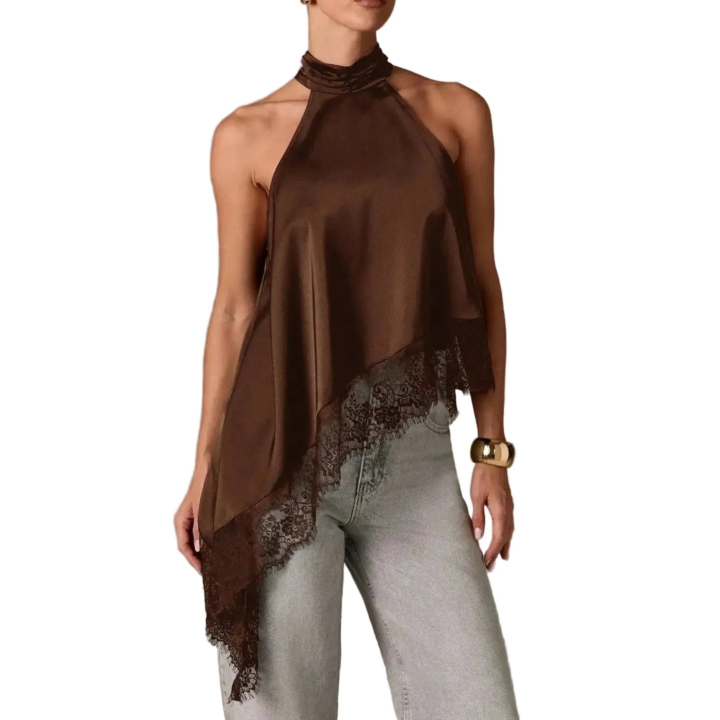 Women Asymmetrical Lace Satin Top | Silk Vest | Draped Choker | Halter Neck | Cami Brown
