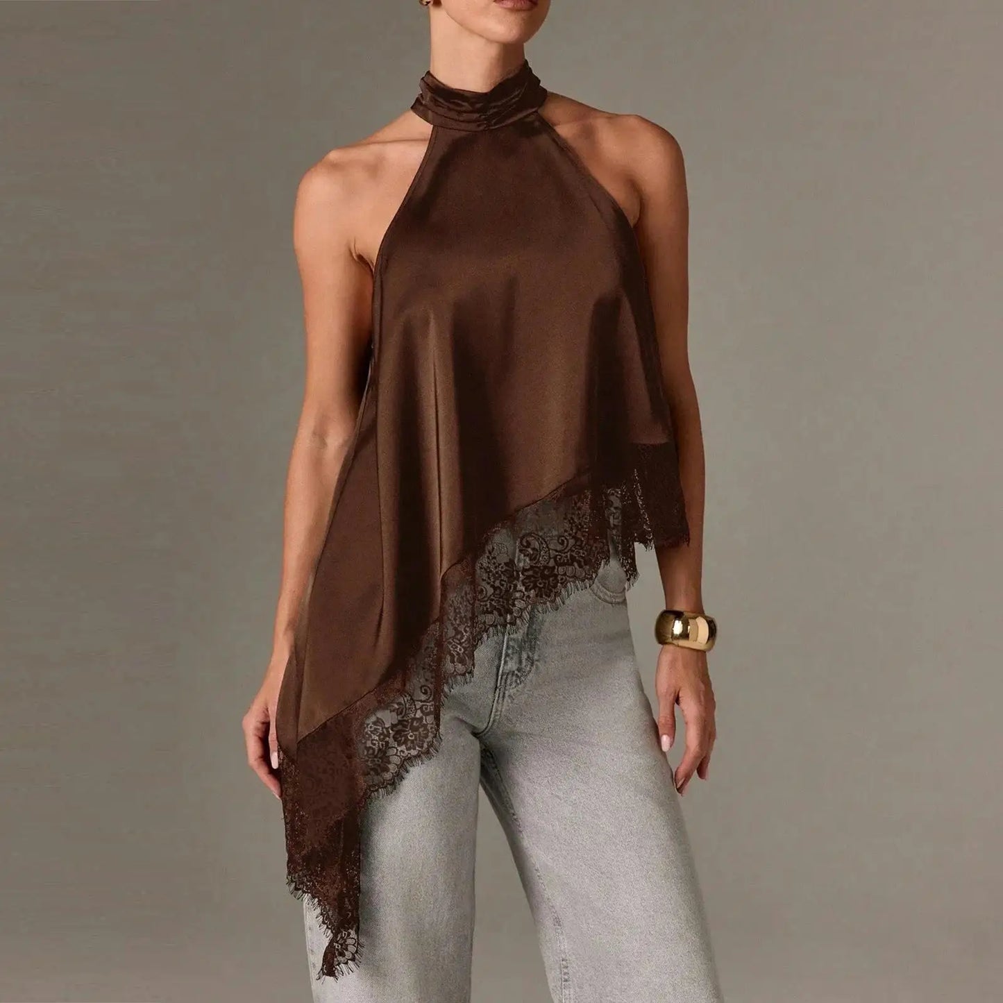 Women Asymmetrical Lace Satin Top | Silk Vest | Draped Choker | Halter Neck | Cami