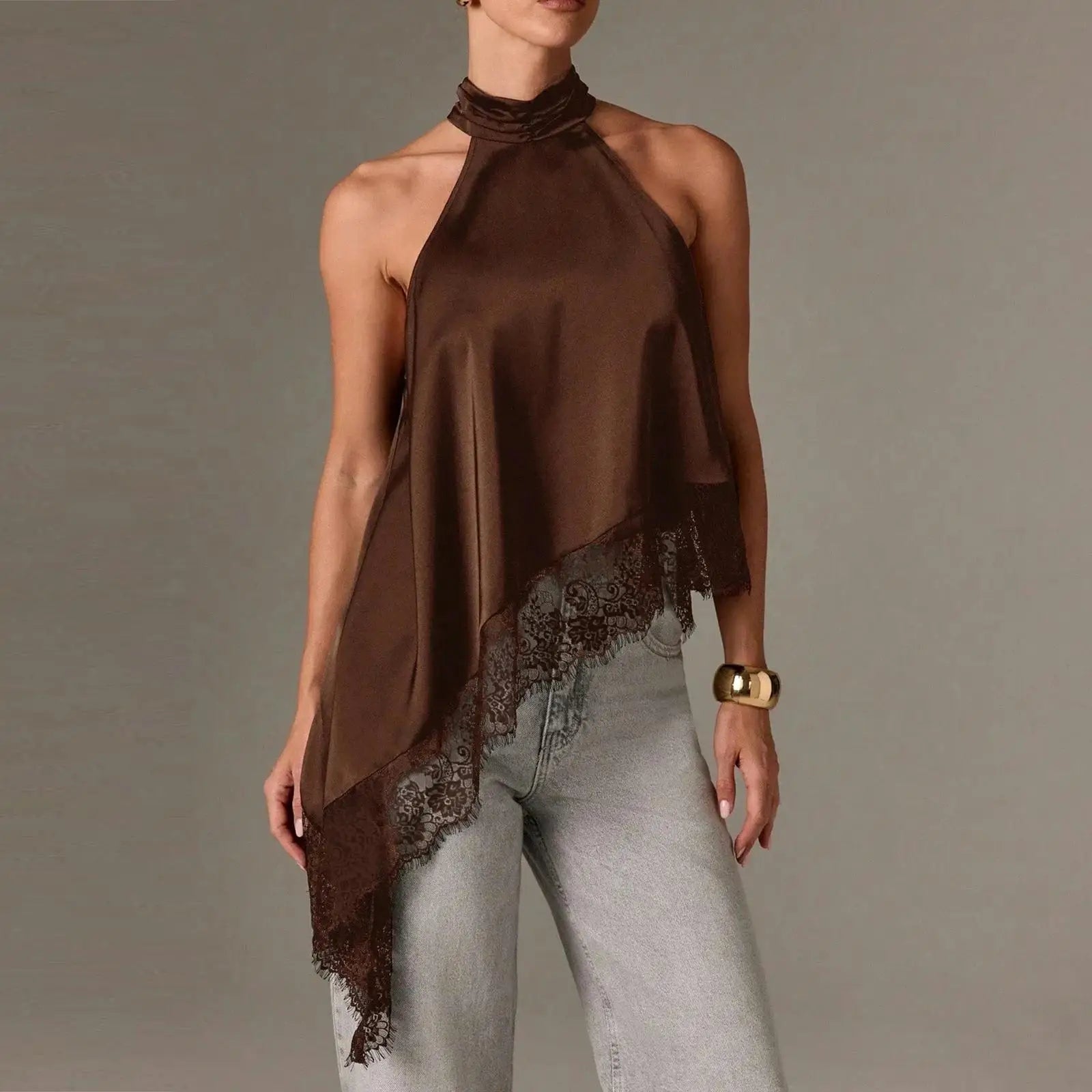 Women Asymmetrical Lace Satin Top | Silk Vest | Draped Choker | Halter Neck | Cami
