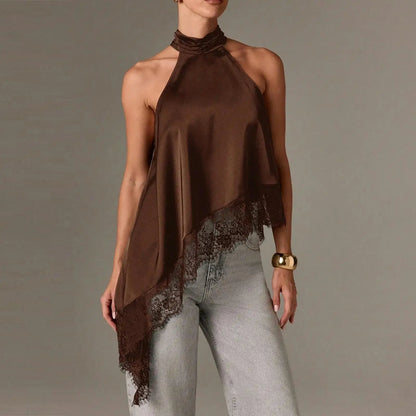 Women Asymmetrical Lace Satin Top | Silk Vest | Draped Choker | Halter Neck | Cami