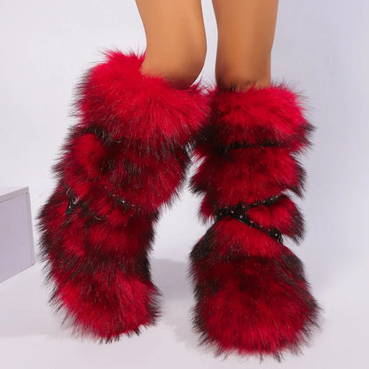 Women Winter Boots | Faux Fur Snow Boots | Warm Long Boots | Plush Over Knee | High Boots | Y2K | Furry Shoes Red