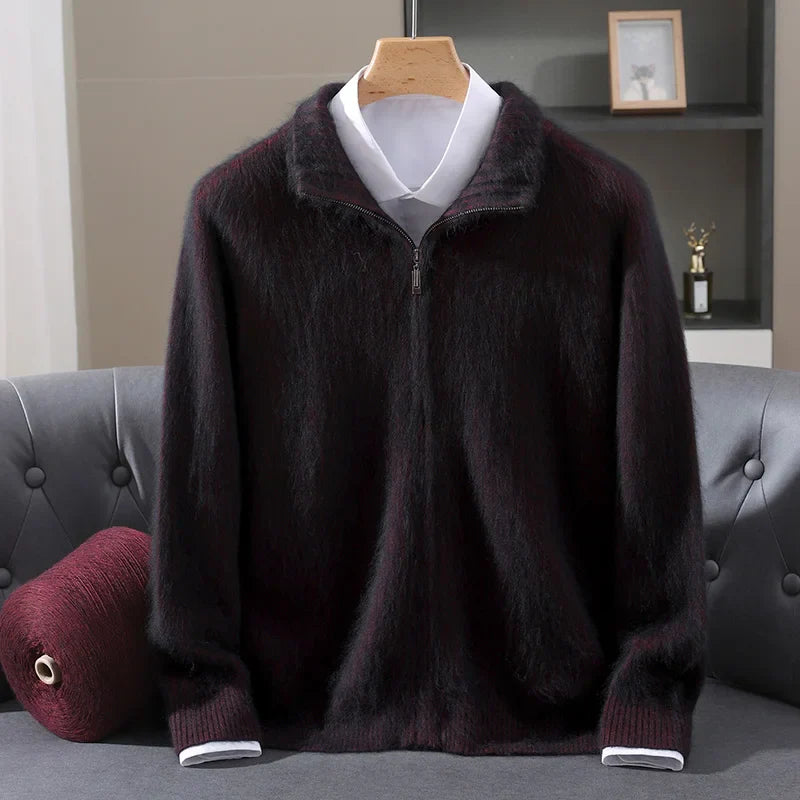Men Mink Cashmere Zipper Cardigan | Knit Sweater | Loose Black Red