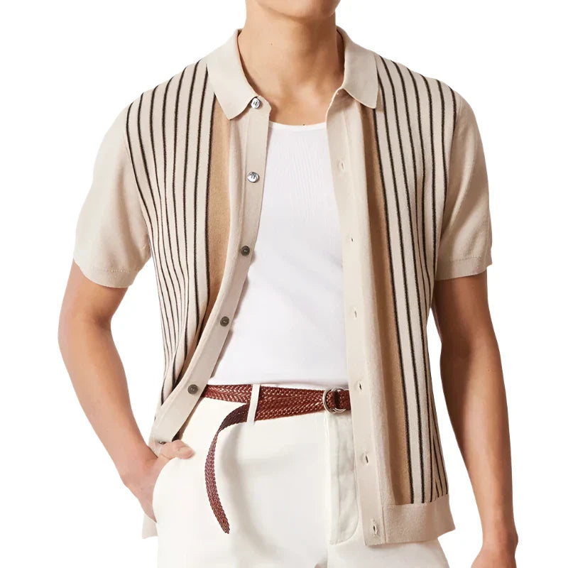 Men Striped Knit Polo Shirt | Short Sleeve Button Down Knitwear Apricot