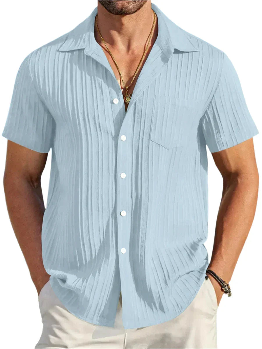 Men Short-Sleeved Cotton Summer Shirt | Casual Beach Button Down Shirt | Solid Color light blue