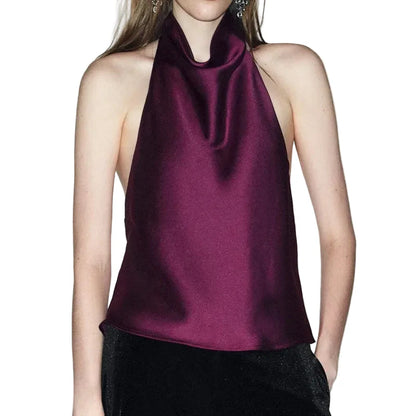 Women Satin High Neck Tank Top | Silk Halter Neck Top | Camisole | Y2K | Summer Purple