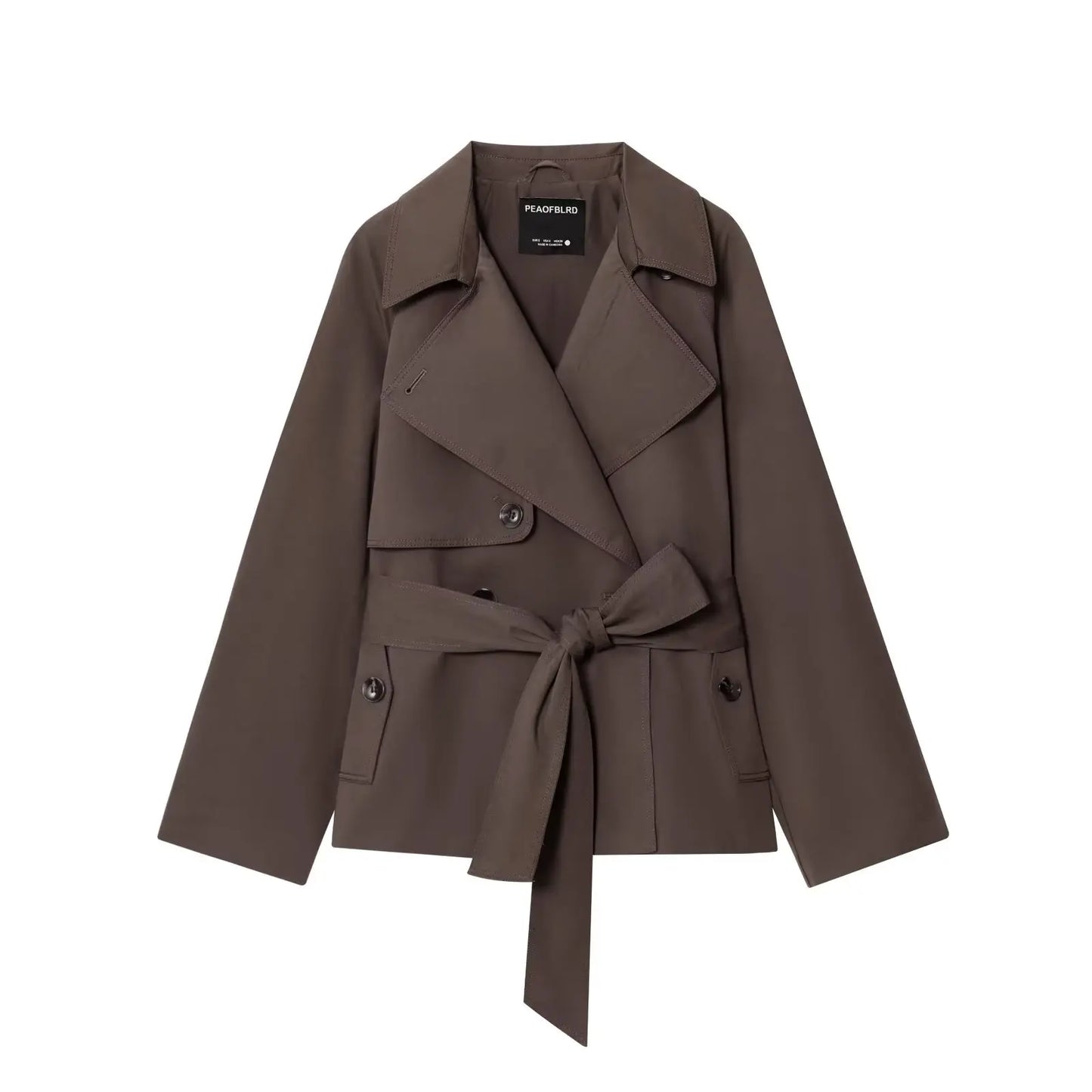 Women British Style Lapel Double-Breasted Coat | Short Trench Coat With Belt Brown