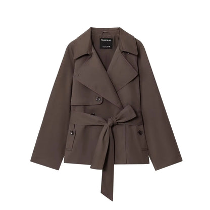 Women British Style Lapel Double-Breasted Coat | Short Trench Coat With Belt Brown
