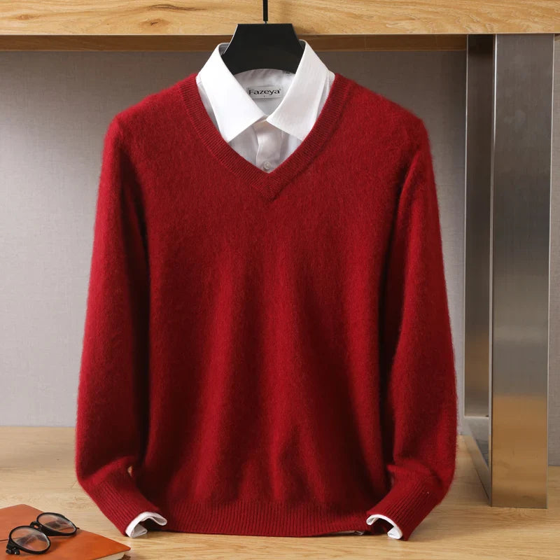 Men Cashmere V-Neck Pullover | Cashmere Knitted Sweater | Mink Winter Long Sleeve Top Red