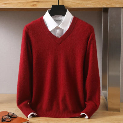 Men Cashmere V-Neck Pullover | Cashmere Knitted Sweater | Mink Winter Long Sleeve Top Red