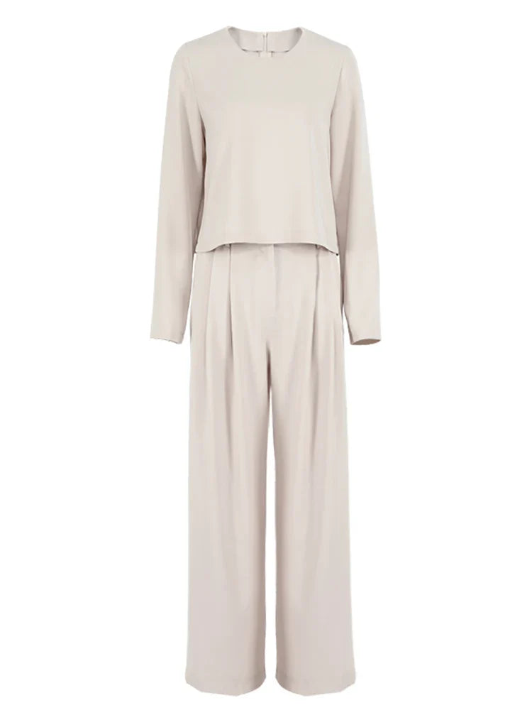 Women Classic 2 Piece Set | Vintage Plain Loose Shirt | Palazzo Floor-Length Pants Beige Set