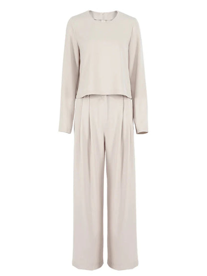 Women Classic 2 Piece Set | Vintage Plain Loose Shirt | Palazzo Floor-Length Pants Beige Set